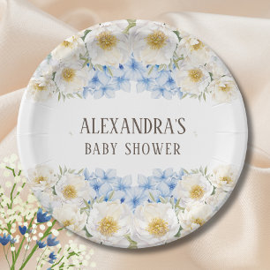 White Floral Blue Hydrangea Garden Baby shower Papieren Bordje