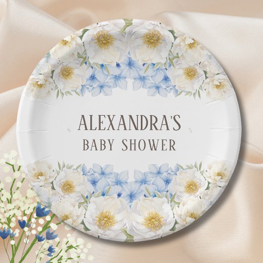 White Floral Blue Hydrangea Garden Baby shower Papieren Bordje