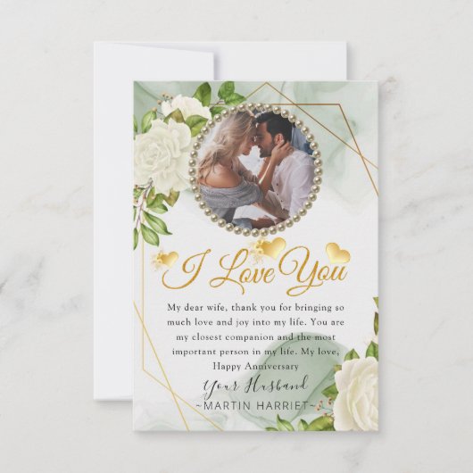 White Floral Botanical Photo Wife Jubileum Kaart (Voorkant)