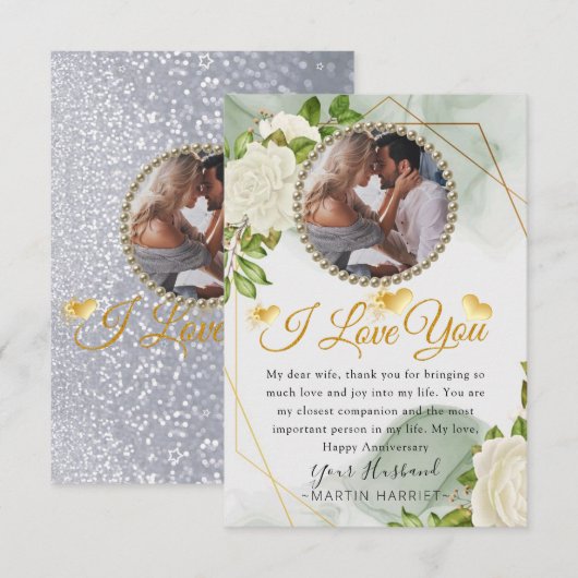 White Floral Botanical Photo Wife Jubileum Kaart (Voorkant / Achterkant)