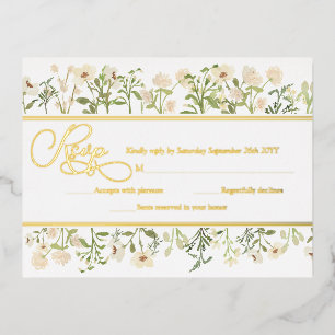White Floral Botanical Wildbloemen RSVP Real Gold Folie Uitnodiging Briefkaart