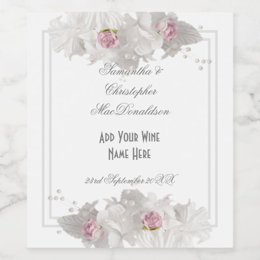 White floral bouquet bruiloft wijn etiket (Enkel label)