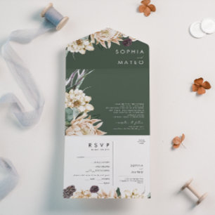 White Floral Bouquet   Donkergroen zegel en verzen All In One Uitnodiging