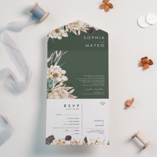 White Floral Bouquet | Donkergroen zegel en verzen All In One Uitnodiging