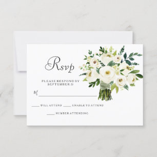 White Floral Bouquet Elegant Wedding RSVP Kaartje