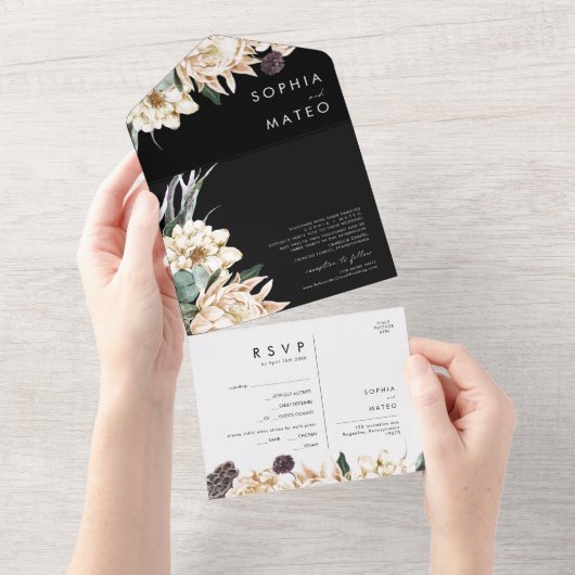 White Floral Bouquet | Zwarte zegels en verzending All In One Uitnodiging (Afscheurbaar)