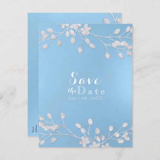 White Floral Branch Blue Save the Date Invitations Aankondigingskaart (Voorkant / Achterkant)