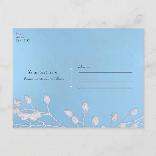 White Floral Branch Blue Save the Date Invitations Aankondigingskaart (Achterkant)