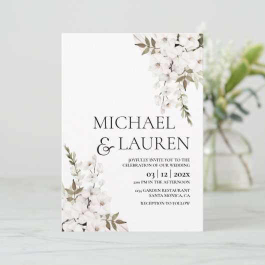 White Floral bruiloft Kaart (Staand voorkant)