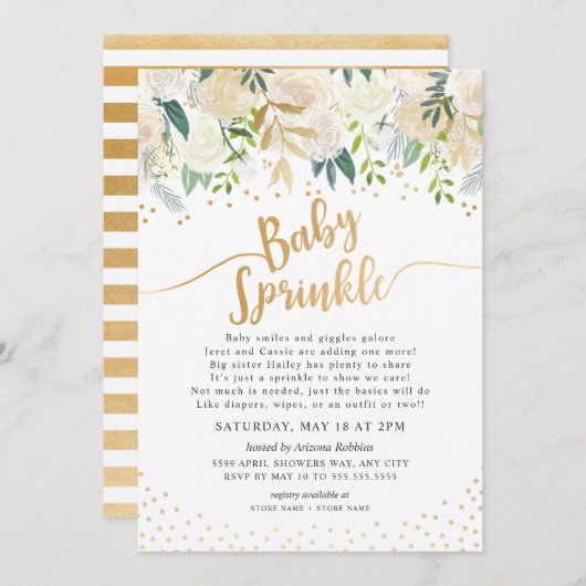 White Floral Calligraphy Baby Sprinkle Invitation Kaart (Voorkant / Achterkant)