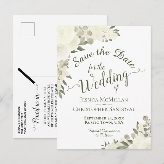White Floral Calligraphy Wedding Save the Date Aankondigingskaart (Voorkant / Achterkant)