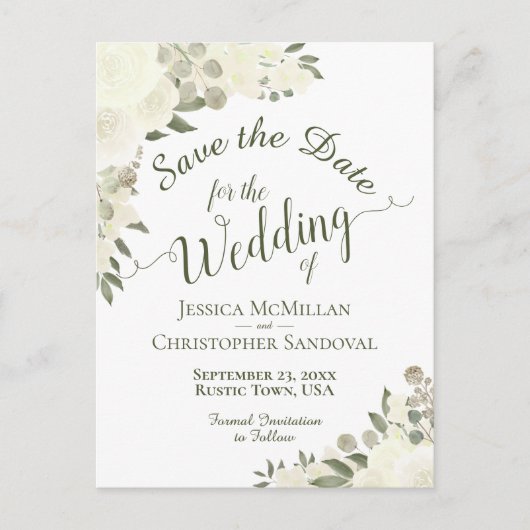 White Floral Calligraphy Wedding Save the Date Aankondigingskaart (Voorkant)