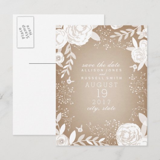 White Floral Cardstock geïnspireerd om de datum op Aankondigingskaart (Voorkant / Achterkant)
