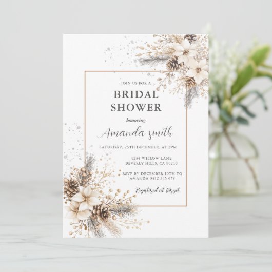 White Floral Christmas Bridal Shower Kaart (Staand voorkant)