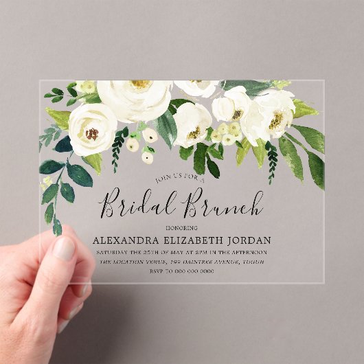 White Floral Cream Vrijgezellenfeest Brunch Acryl Uitnodigingen (Insitu (Draagbaar))
