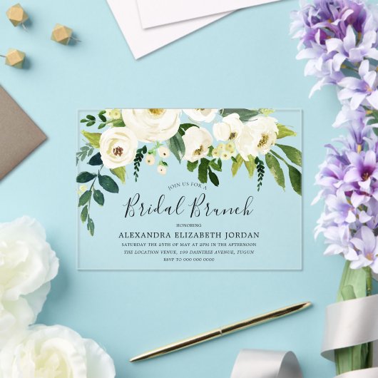 White Floral Cream Vrijgezellenfeest Brunch Acryl Uitnodigingen (Insitu (Huwelijk))
