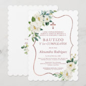 White Floral Cross Spanish 1st Birthday Baptisme Kaart (Voorkant / Achterkant)
