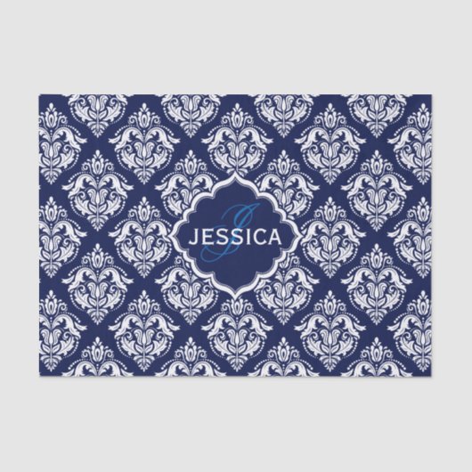 White Floral Damascus & Blue Background Tissuepapier (Voorkant)