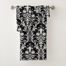 White Floral Damask op Black Bad Handdoek