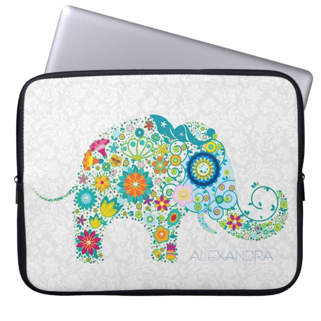 White Floral Damaskleurig Floral Elephant Laptop Sleeve (Voorkant)