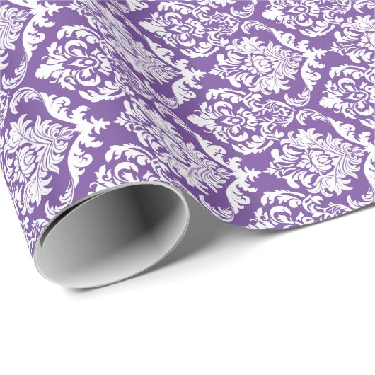 White Floral Damasvaten 2 Paarse achtergrond Cadeaupapier (Rol Hoek)