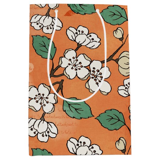 White Floral Design on Oranje Medium Cadeauzakje (Voorkant)