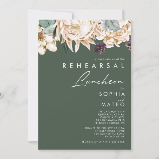 White Floral | Donkere groene repetitie Luncheon Kaart (Voorkant)