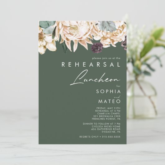 White Floral | Donkere groene repetitie Luncheon Kaart (Staand voorkant)