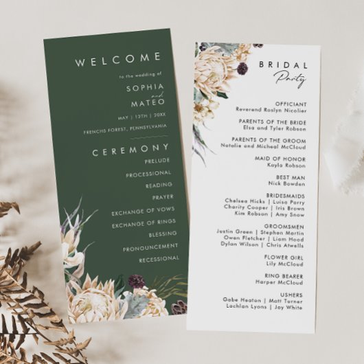 White Floral | Donkere groene weddenschappen Programmakaart