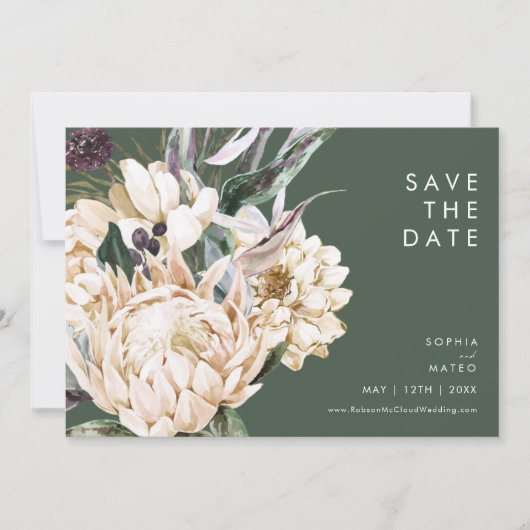 White Floral | Donkergroen horizontaal sparen de d Save The Date (Voorkant)