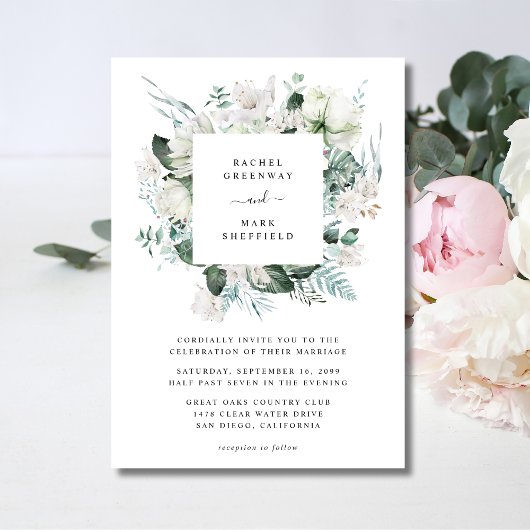 White Floral Dusty Blue Greenery Elegant Wedding Kaart