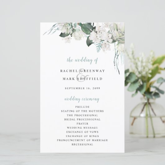 White Floral Dusty Blue Sage Green Wedding Program (Staand voorkant)