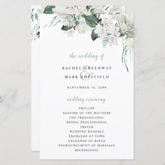 White Floral Dusty Blue Sage Green Wedding Program (Voorkant / Achterkant)