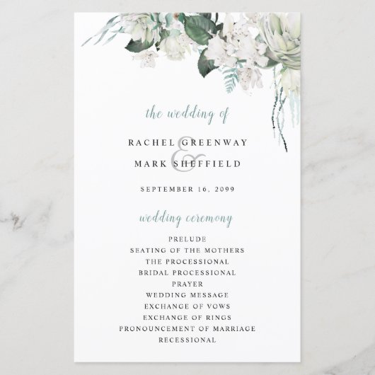 White Floral Dusty Blue Sage Green Wedding Program (Voorkant)