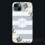 White Floral Dusty Blue Striped Framed Monogram Case-Mate iPhone Case<br><div class="desc">White Floral Dusty Blue Striped Framed Monogram Design. Trendy en stijlvol, voeg enkel uw gepersonaliseerde brief van het initiaal toe. Maakt een modern en klastig geschenk voor haar, moeders, grootmoeders, tantes, vriendinnen en nog veel meer. Deze Feminine Elegant en meisjes lijken op Dusty Blue Grey en witte horizontale strepen, met...</div>