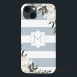 White Floral Dusty Blue Striped Framed Monogram Case-Mate iPhone Case<br><div class="desc">White Floral Dusty Blue Striped Framed Monogram Design. Trendy en stijlvol, voeg enkel uw gepersonaliseerde brief van het initiaal toe. Maakt een modern en klastig geschenk voor haar, moeders, grootmoeders, tantes, vriendinnen en nog veel meer. Deze Feminine Elegant en meisjes lijken op Dusty Blue Grey en witte horizontale strepen, met...</div>