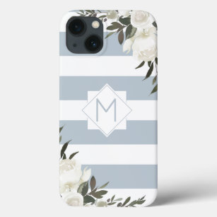 White Floral Dusty Blue Striped Framed Monogram Case-Mate iPhone Case