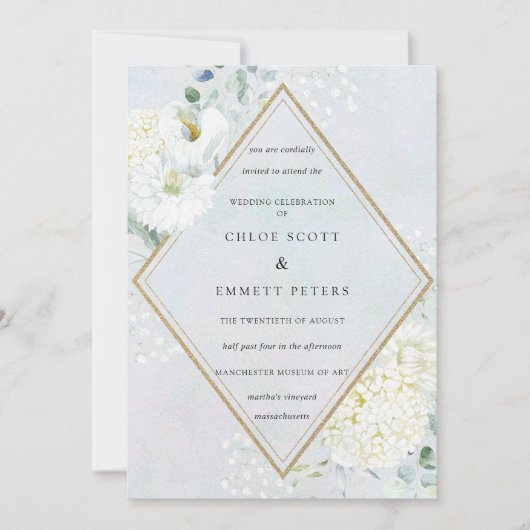 White Floral Dusty Blue Waterverf Wedding Kaart (Voorkant)