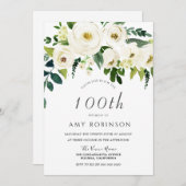 White Floral Elegant 100th Birthday Party Kaart (Voorkant / Achterkant)