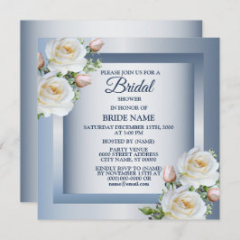 White Floral Elegant Blue Gray Bridal Shower Kaart