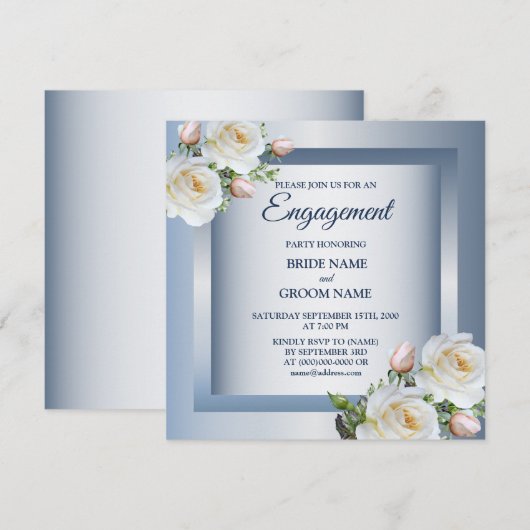 White Floral Elegant Blue Gray Engagement Party Kaart (Voorkant / Achterkant)