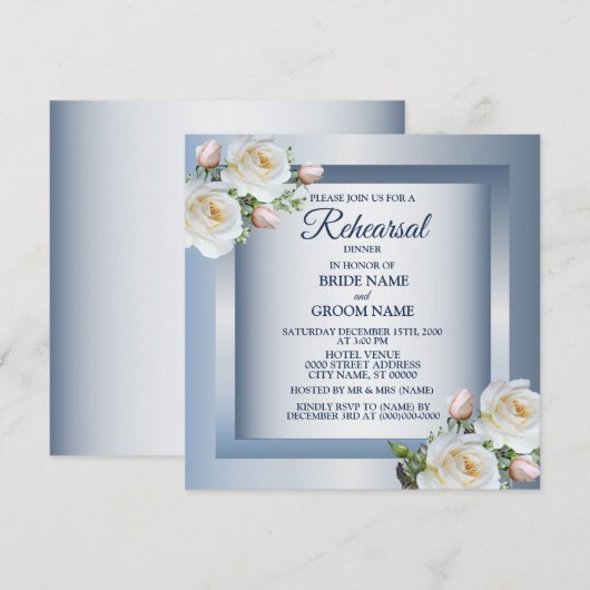 White Floral Elegant Blue Gray Rehearsal Dinner Kaart (Voorkant / Achterkant)