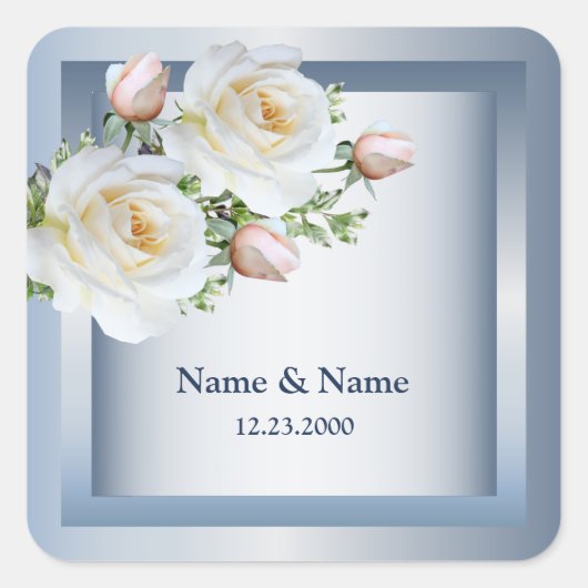 White Floral Elegant Blue Gray Vierkante Sticker (Voorkant)