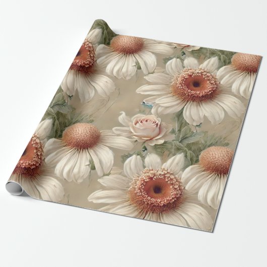 White Floral Elegant Daisies Cadeaupapier (Uitgerold)