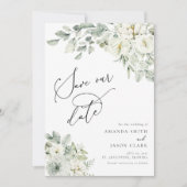 White Floral Elegant Greenery Boho Save the Date Kaart (Voorkant)