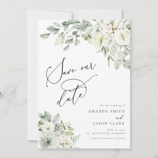 White Floral Elegant Greenery Boho Save the Date Kaart (Voorkant)