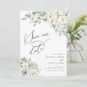 White Floral Elegant Greenery Boho Save the Date Kaart (Staand voorkant)