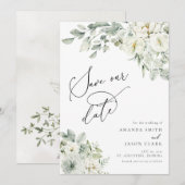 White Floral Elegant Greenery Boho Save the Date Kaart (Voorkant / Achterkant)