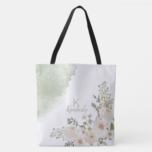 White Floral Elegant Initiaal Name Monogram Tote Bag (Voorkant)