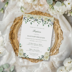 White Floral Elegant Neutral Baptism Invitation Kaart